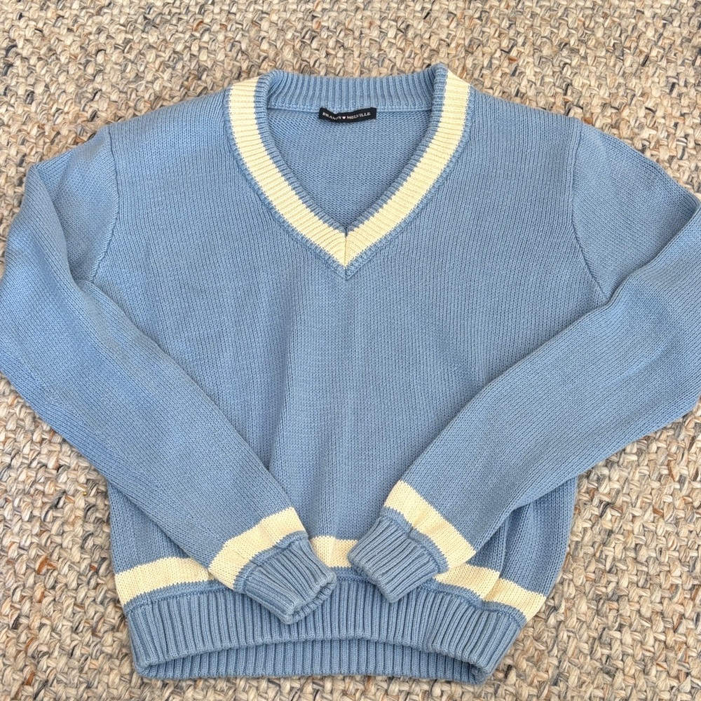 Brandy Melville Blue Knit Sweater with Cream Accent